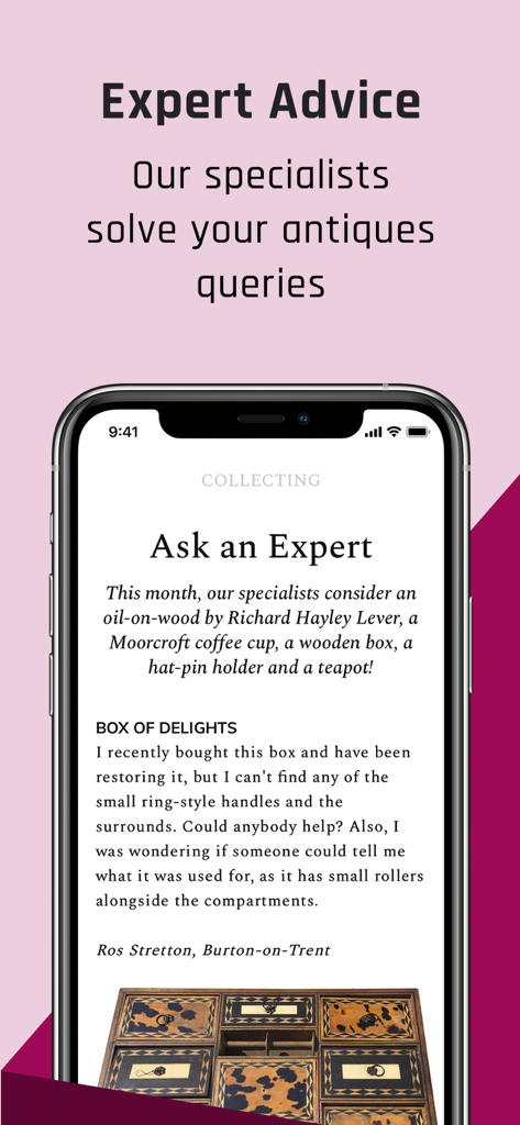 Homes & Antiques Magazine - A mobile screen showing the Ask an Expert section of the Homes and Antiques Magazine app where specialists answer questions about collectibles