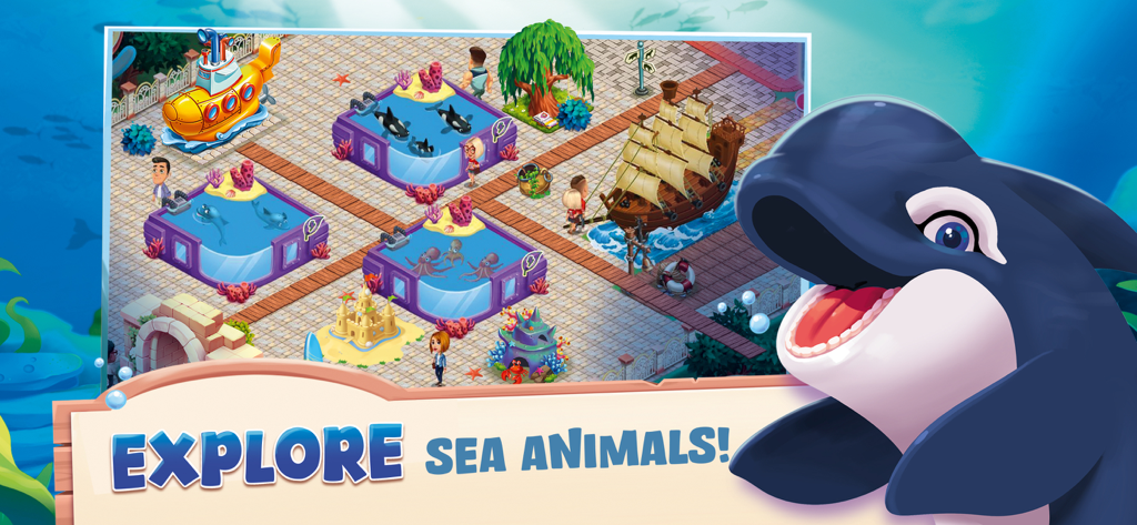 Zoo Craft - Animal Park Tycoon - Área temática submarina en Zoo Craft con hábitats de orcas y delfines con un barco pirata y un submarino