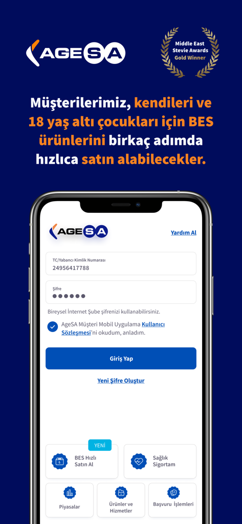 AgeSA Mobil App-Anmeldebildschirm mit Optionen für private Renten- und Versicherungsverwaltung