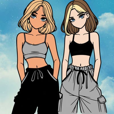 two girls with crop top with baggy pants