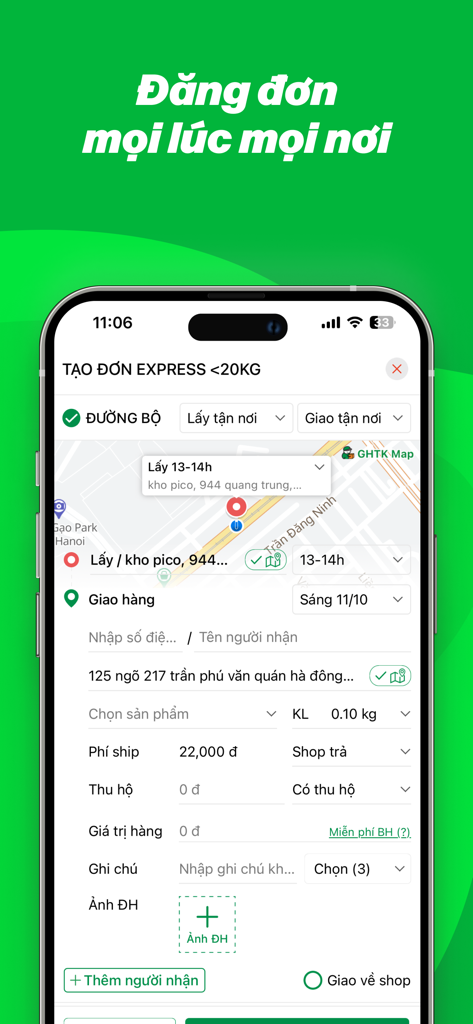GHTK - La interfaz de la aplicación móvil GHTK que muestra la pantalla de creación de un pedido de entrega exprés en Vietnam