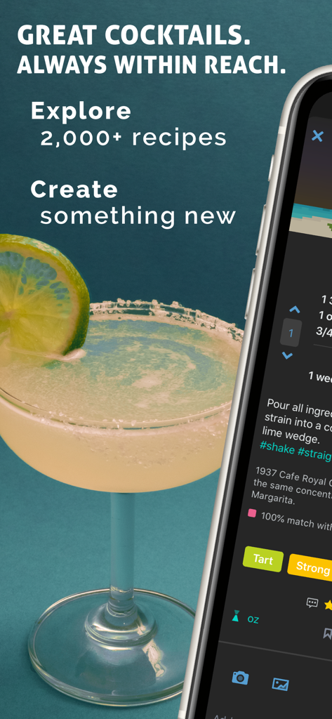 Mixel app interface displaying a cocktail recipe next to a fresh margarita with a lime garnish
