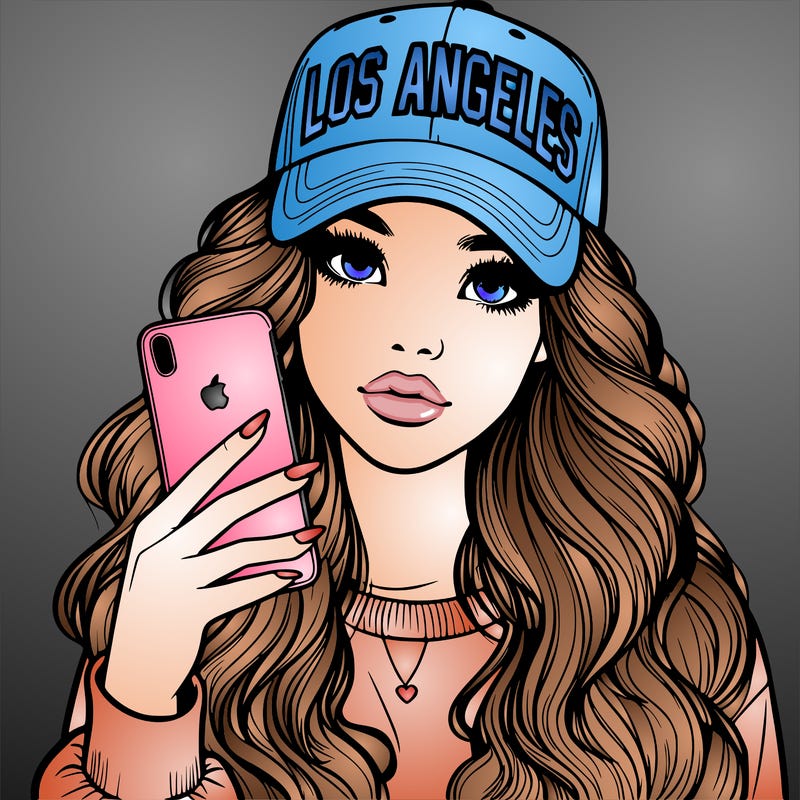 realistic beautiful girl wearing los ángeles cap holding an iphone