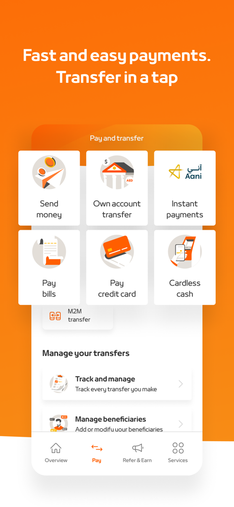 Mashreq UAE mobile app pay and transfer dashboard showing options for sending money, bill payments, and instant transfers.