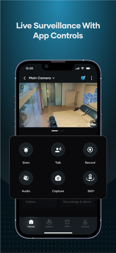 Qubo - Tela do smartphone mostrando o feed de câmera ao vivo do aplicativo Qubo com botões de controle integrados para falar com a sirene e gravar