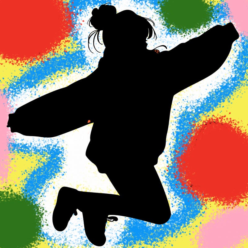 realistic girl jumping with a bun and oversized sweatshirt