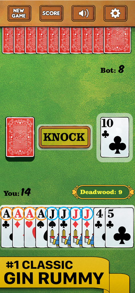 Gin Rummy Card Game Classic - Pantalla de juego de Gin Rummy Card Game Classic con cartas grandes y fáciles de leer y un botón de 'knock' sobre un fondo de fieltro verde