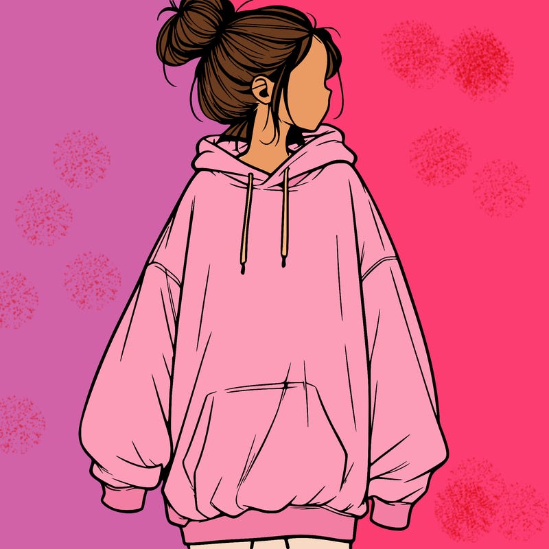realistic girl with a oversized sweatshirt on and a bun