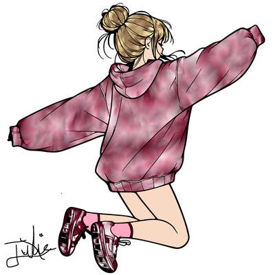 realistic girl jumping with a bun and oversized sweatshirt