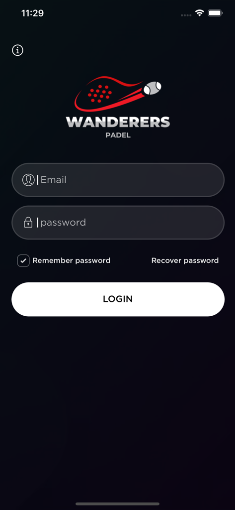 Wanderers Padel - Login screen of the Wanderers Padel app with email and password fields