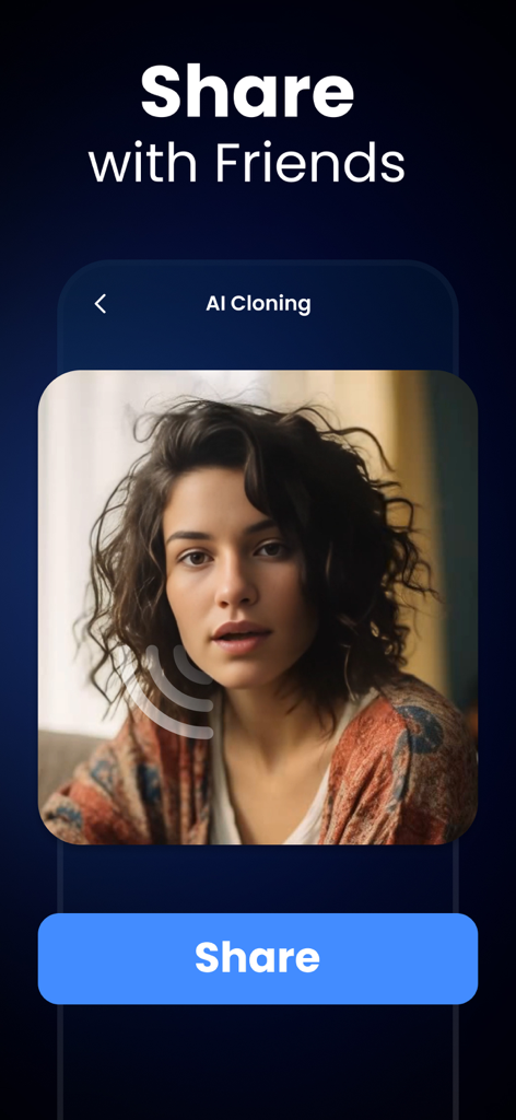 Voice & Face Cloning: Clony AI - Captura de tela de um aplicativo móvel Clony AI mostrando um botão de compartilhamento e um clone de rosto gerado por IA pronto para compartilhamento.