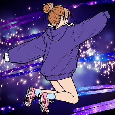 realistic girl jumping with a bun and oversized sweatshirt