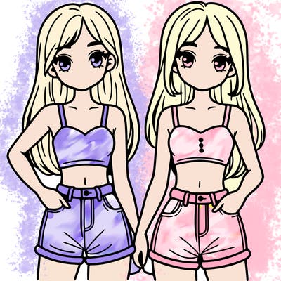 two sisters with crop tops and jean shorts and straight hair