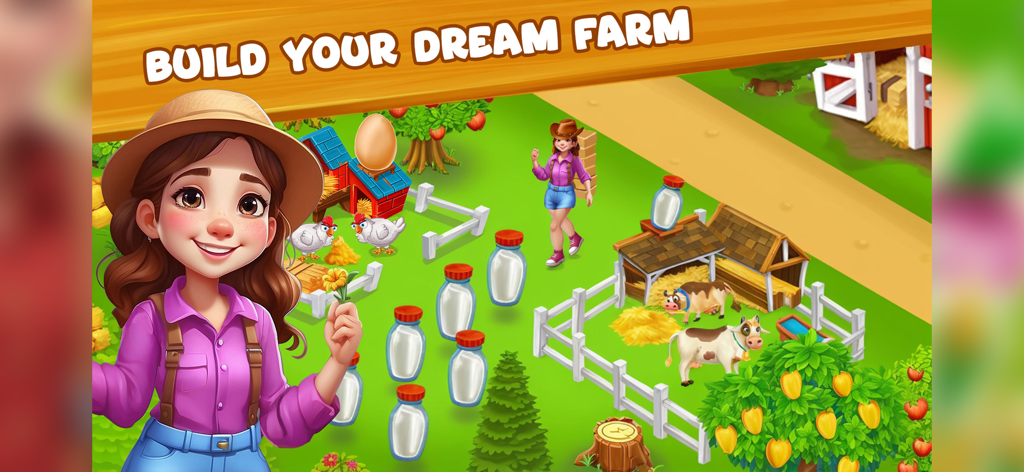 A cartoon girl character in a colorful farm setting with cows chickens and milk bottles