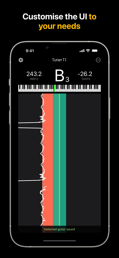 Tuner T1 Pro app showing a customizable chromatic tuner interface on an iPhone
