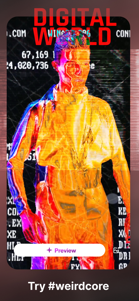 24FPS: Aesthetic Video Effects - 24FPSアプリの画面に、サーマル・ウィアードコアエフェクトとデジタルワールドのテキストを持つ人物が表示されている様子