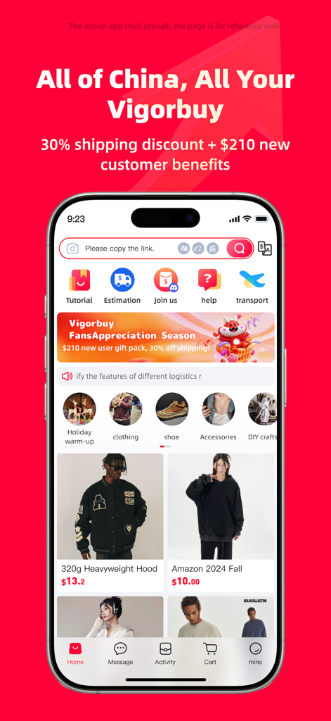 Vigorbuy mobile app home screen showing shopping deals and clothing categories