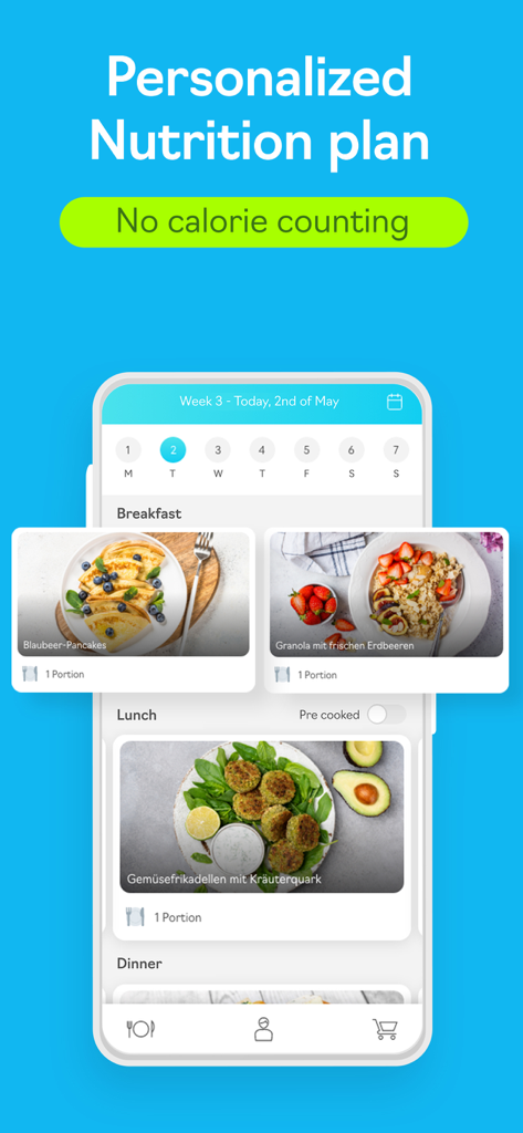 FoodPal - Diet Plan - Mobile app screen of FoodPal showing a personalized daily meal plan with breakfast and lunch recipe suggestions.