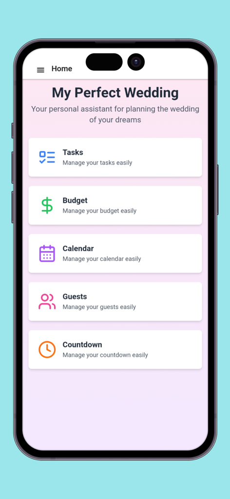 Home screen of the Wedding Planner Tracker app displaying menu options for tasks budget calendar guests and countdown