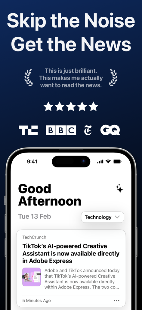Bulletin: AI News Reader - Bulletin AI News Reader app on an iPhone showing a news summary with publication logos and a five star review
