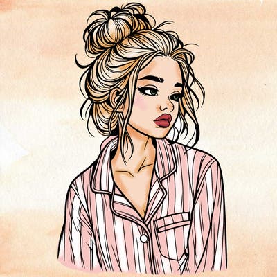 realistic woman with pajamas on and a messy bun