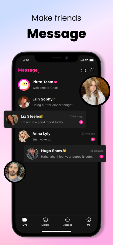 Pluto: Live Chat & Talk - Plutoアプリのメッセージ画面で、最近のチャットのリストとユーザーのプロフィール写真を表示しています。