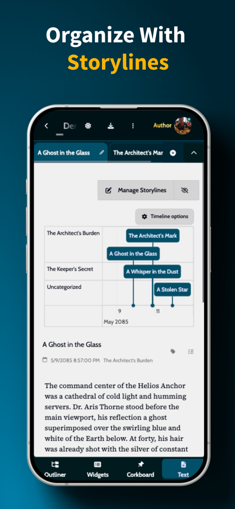 Interface of the MyStory.today app showing the storylines organization feature with a visual timeline of scenes and chapters.