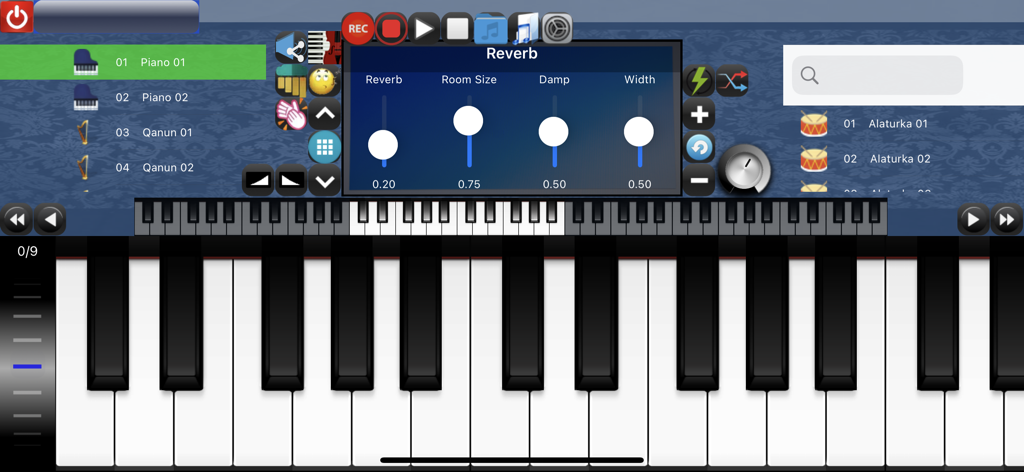 Portable ORG PRO - Interface de teclado de piano digital com configurações de reverb e seleção de instrumentos no Portable ORG PRO