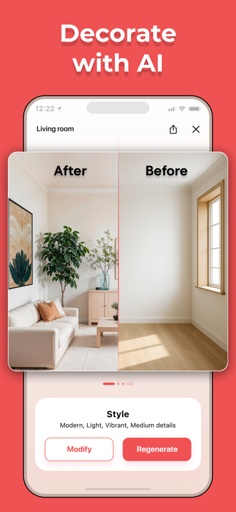 Decory - AI Home & Room Design - Before and after comparison of an empty room transformed into a modern living room with AI interior design