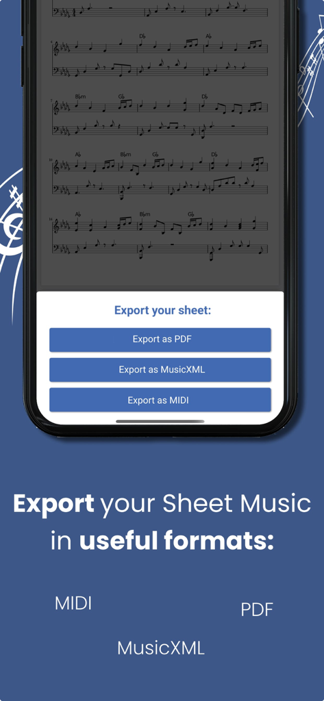 A smartphone screen displaying the Piano2Notes app export menu with options for PDF MIDI and MusicXML
