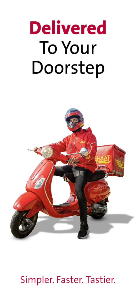 HAAT - 「ご自宅までお届け」という文字が入った、赤いスクーターに乗ったHAATの配達員。
