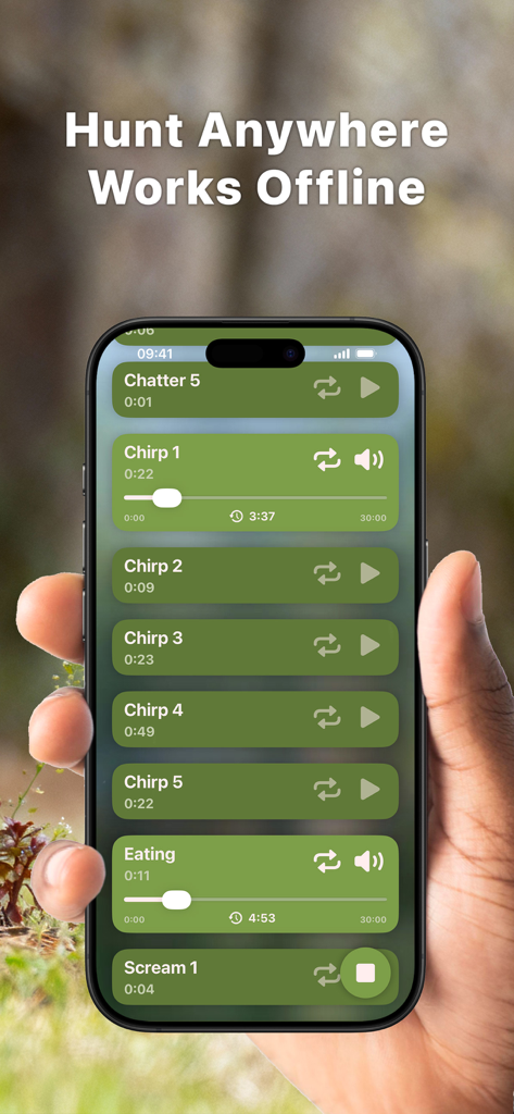 Hunting Calls: Squirrel - Smartphone displaying squirrel hunting calls like chatter and chirp with offline mode text