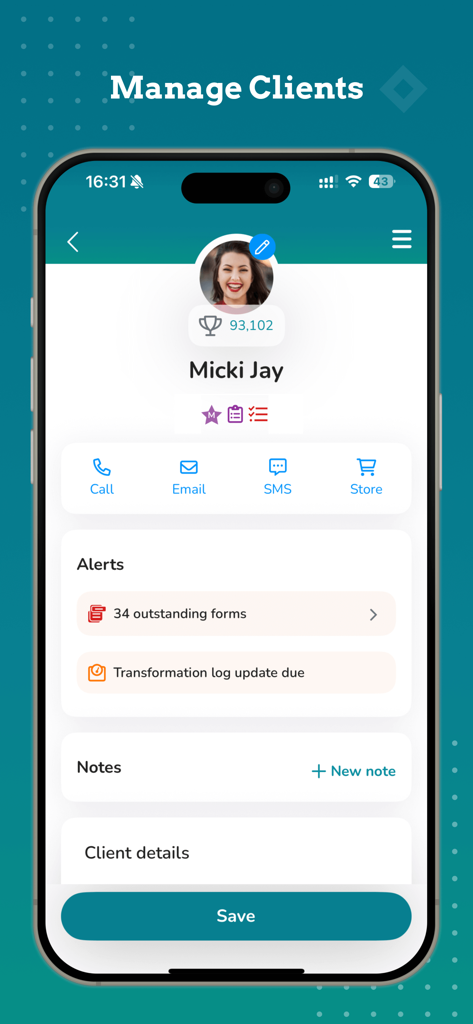 WellnessLiving Elevate - WellnessLiving Elevate staff app interface for managing client profiles showing contact shortcuts and administrative alerts