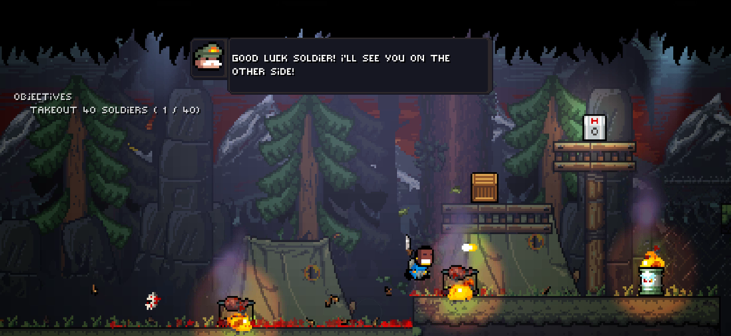 Pixel art gameplay of Gunslugs Rogue Tactics showing a soldier in a forest camp with mission objectives and dialogue