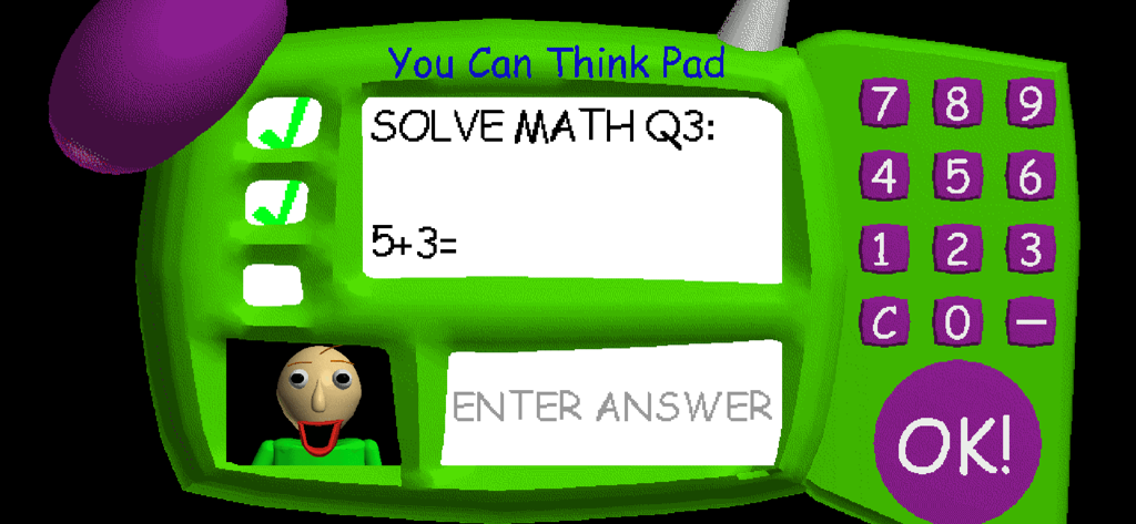Screenshot of the green Think Pad device in Baldis Basics Classic showing a math problem and Baldis face