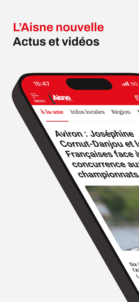 Interfaccia mobile dell'app L'Aisne Nouvelle che mostra i titoli delle notizie regionali francesi.
