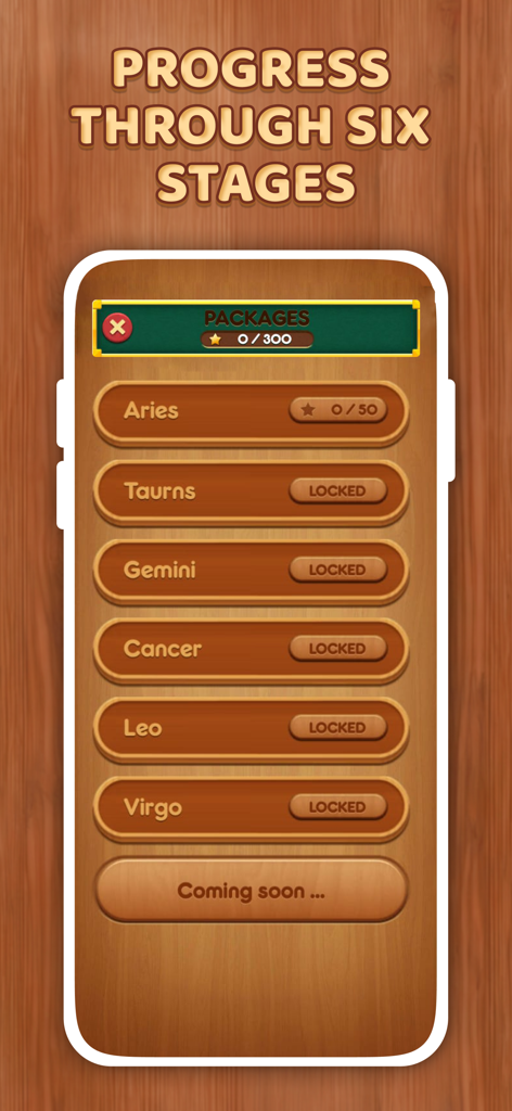 One Line Fun - One Line Puzzle - Level selection menu for One Line Fun puzzle game showing six zodiac stages on a wooden background