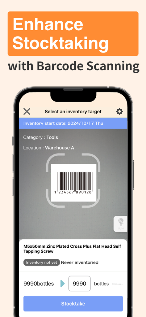 zaico - Easy Stock Management - Smartphone screen of the zaico app showing barcode scanning for inventory management and stocktaking in a warehouse