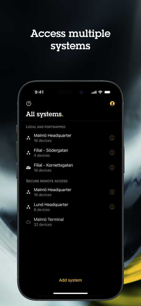 Interface de l'application mobile AXIS Camera Station Pro affichant une liste de systèmes de sécurité connectés sur plusieurs sites