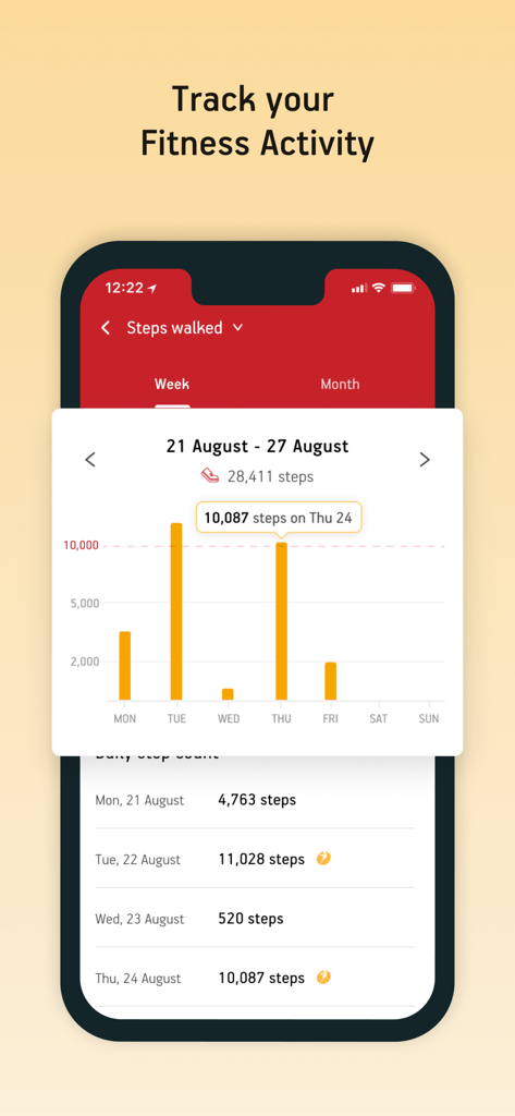 Activ Health - 毎日の歩数を棒グラフで表示するActiv Healthアプリのフィットネストラッカー