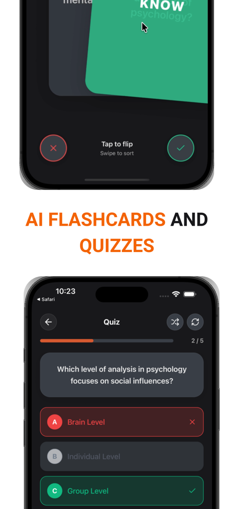 Pantallas de la aplicación TikoNote mostrando tarjetas de memoria generadas por IA y una interfaz de cuestionario de opción múltiple de psicología