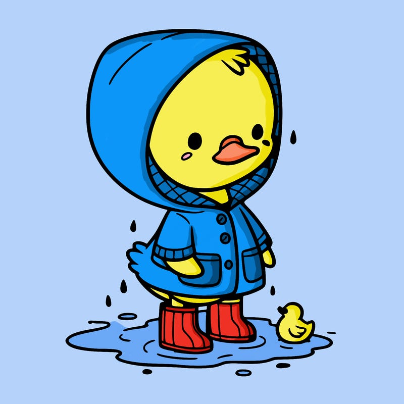 baby duck in a rain coat and boots, in a puddle while it’s raining