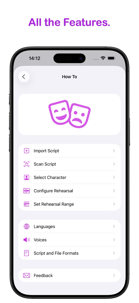 How To screen showing main features of the Script Buddy actor rehearsal app.