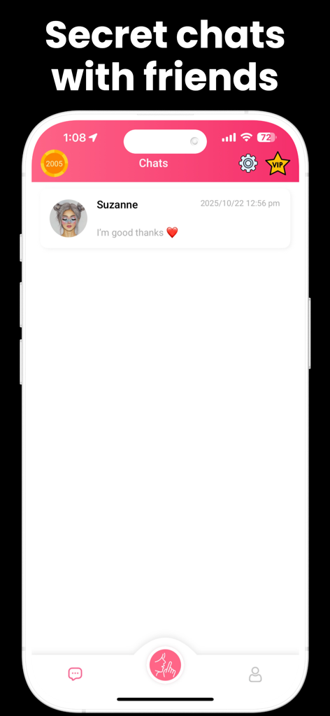 A mobile app screen showing the messaging interface of Secret Chat Anonym with a private message list.
