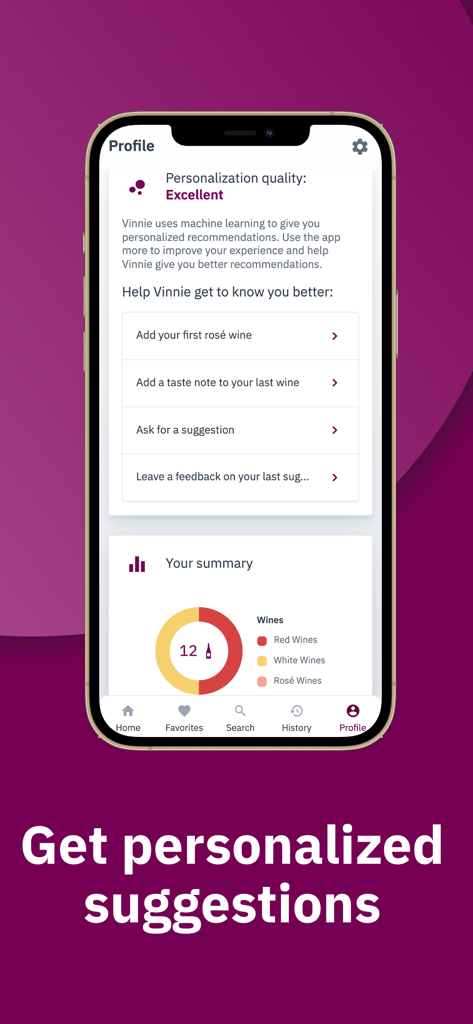 Vinnie app profile screen showing personalized wine suggestions and a summary chart of red and white wines.