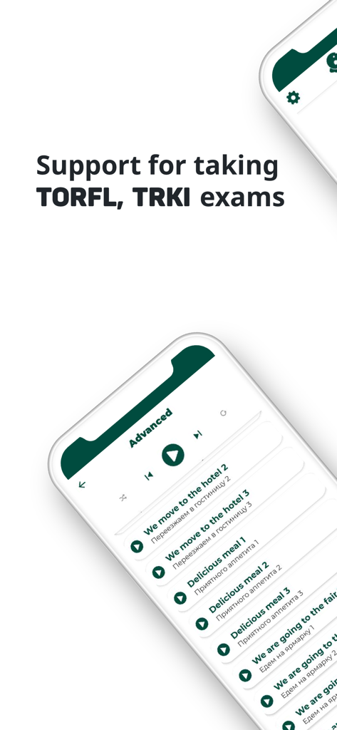 Aplicación de idioma ruso que muestra soporte para exámenes TORFL y TRKI y lecciones de audio avanzadas