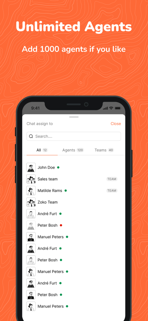 ZOKO Dashboard - A mobile interface for the ZOKO Dashboard app showing a list of agents and teams for WhatsApp chat assignment.