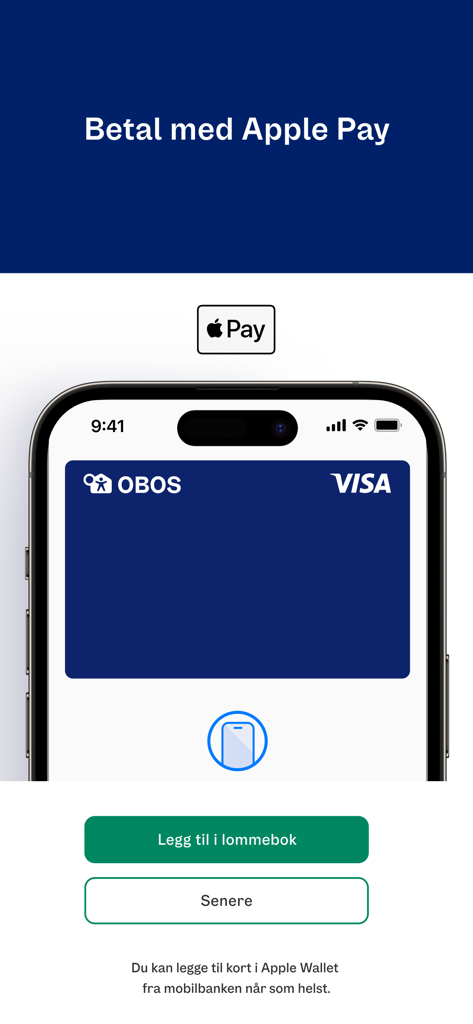 Pantalla móvil mostrando la interfaz de la aplicación OBOS Mobilbank para agregar una tarjeta VISA a Apple Pay