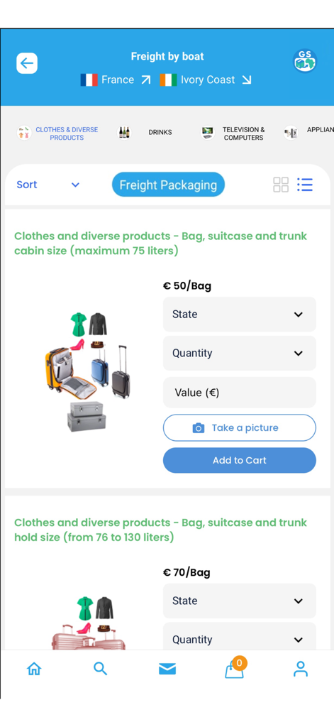 GS colis - GS colis app interface for selecting sea freight shipping from France to Ivory Coast