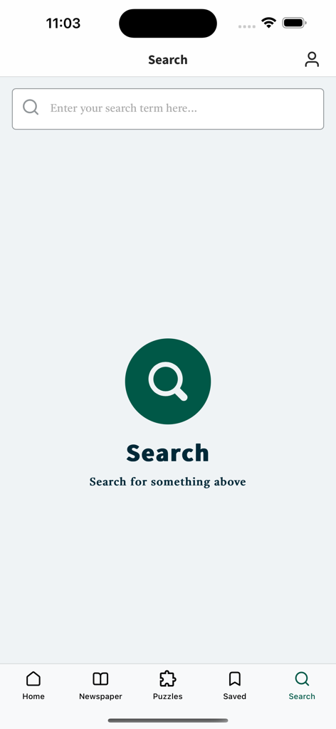 The Irish News Digital Edition - Search screen of the Irish News Digital Edition app featuring a search bar and navigation menu.